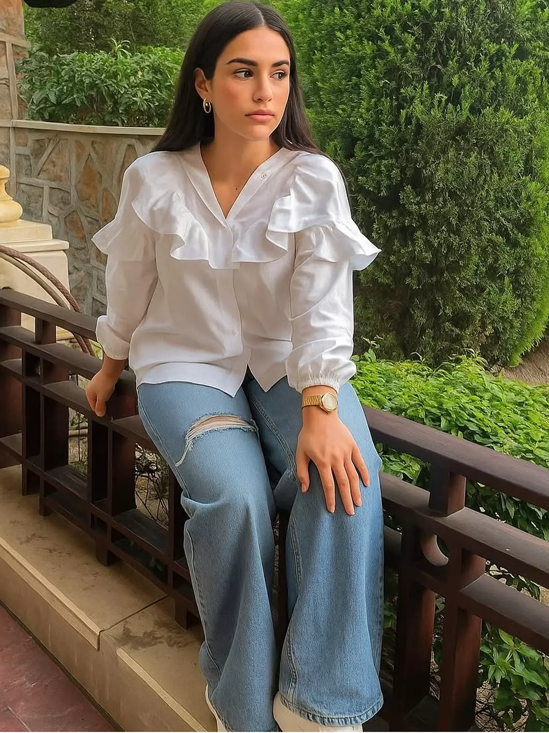 White Ruffle Detailed Button-Up Blouse  hover image