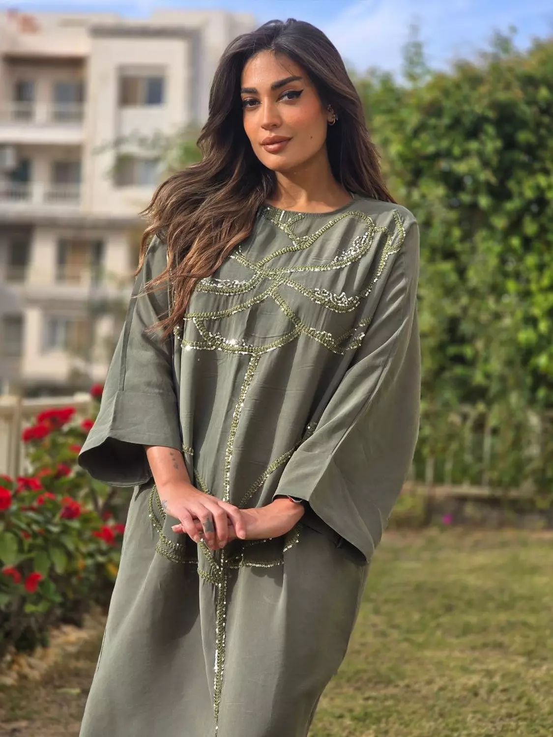 Olive floral embroidered dress 4