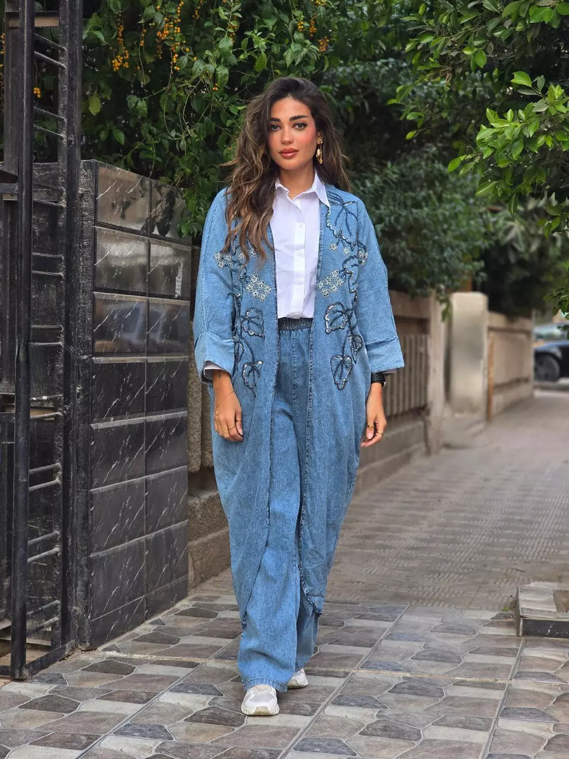 Denim embroidery beaded set hover image