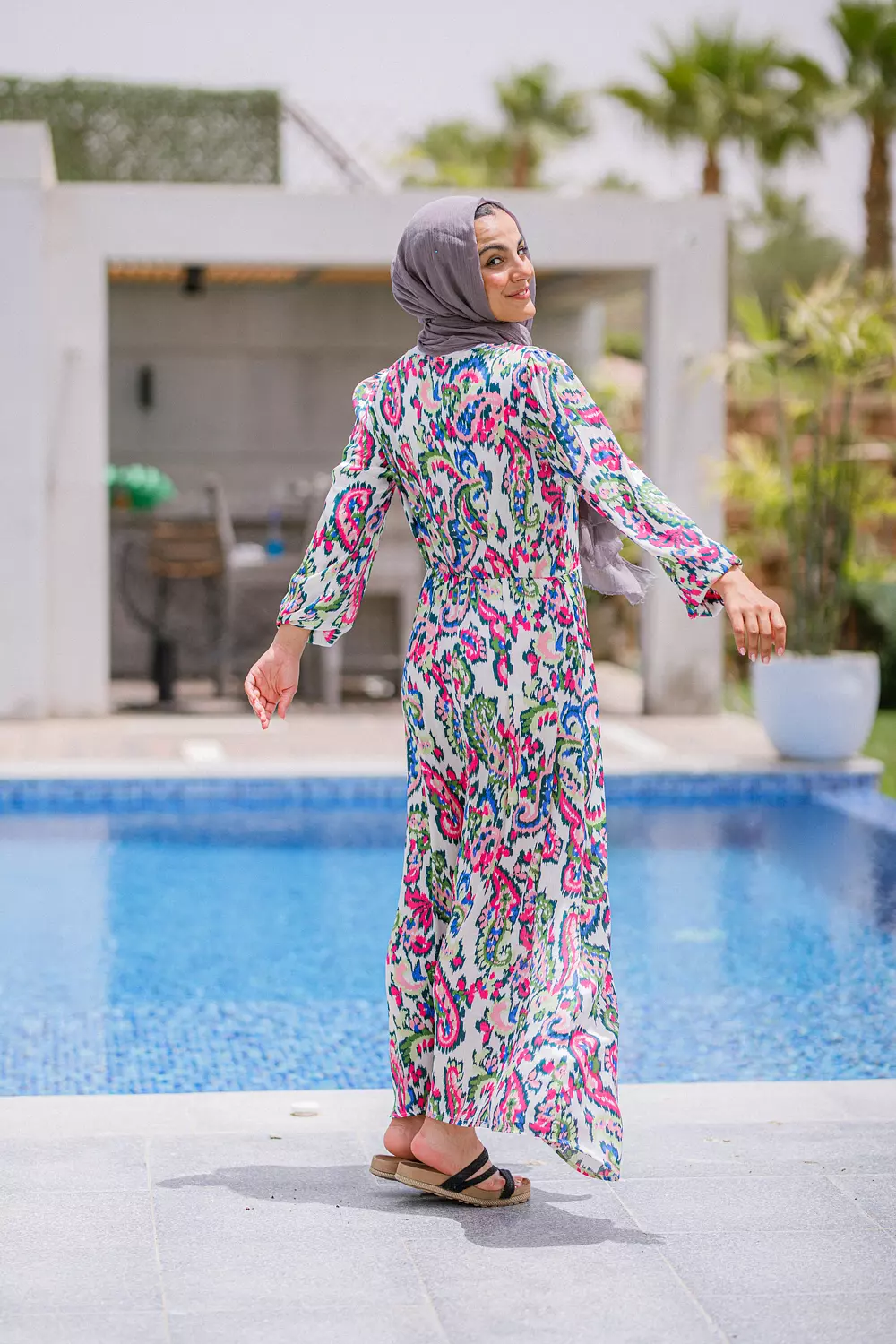 Pink printed chiffon dress hover image