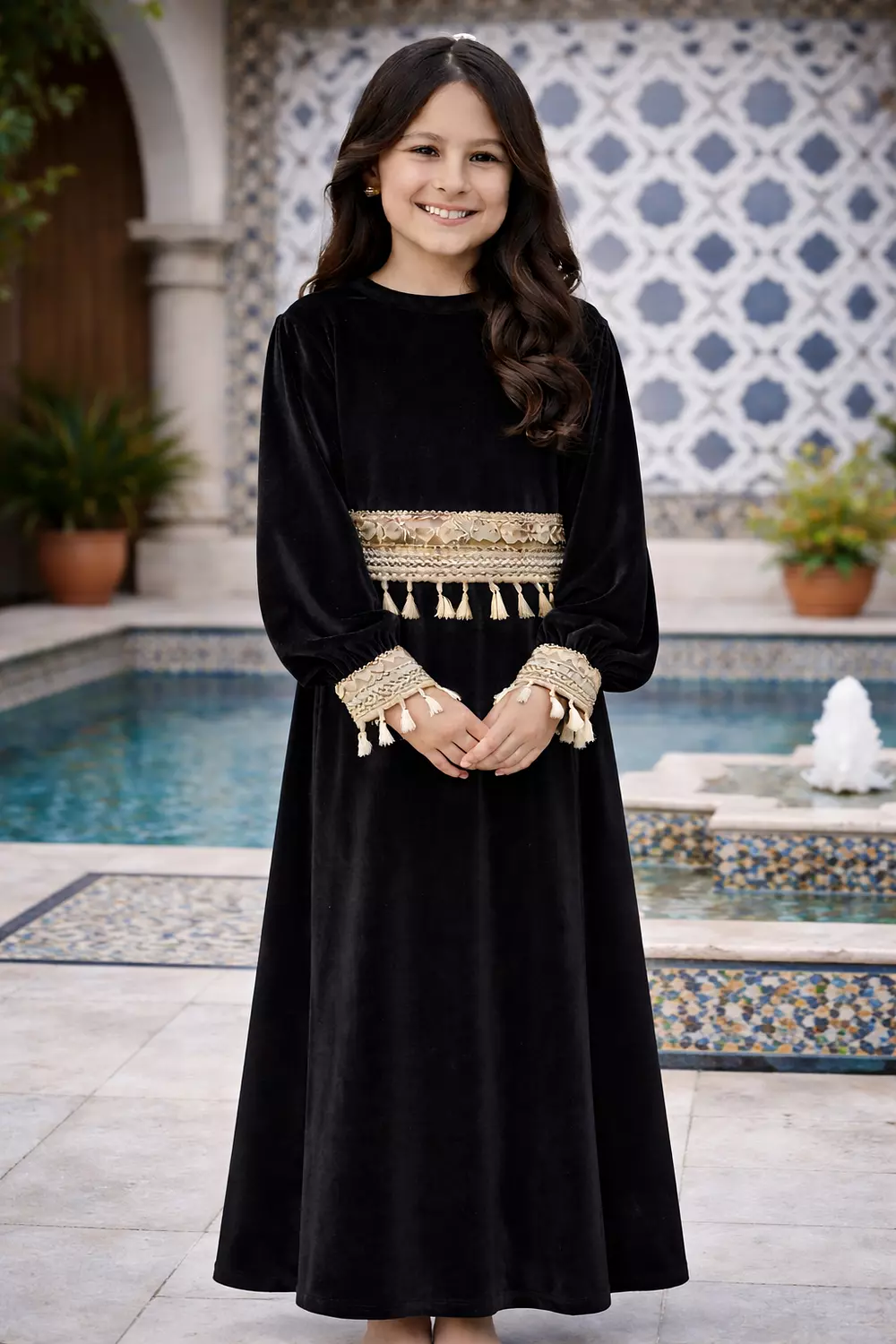 Girls Velvet Ramadan Dress with Separate Tassel Trim, Long Sleeve Islamic Abaya, Traditional Modest Maxi Dress for Kids 3