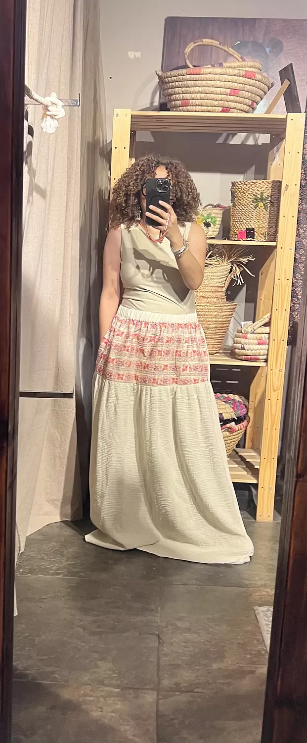 Maxi cotton linen off white skirt with sirma embroidered upper part hover image