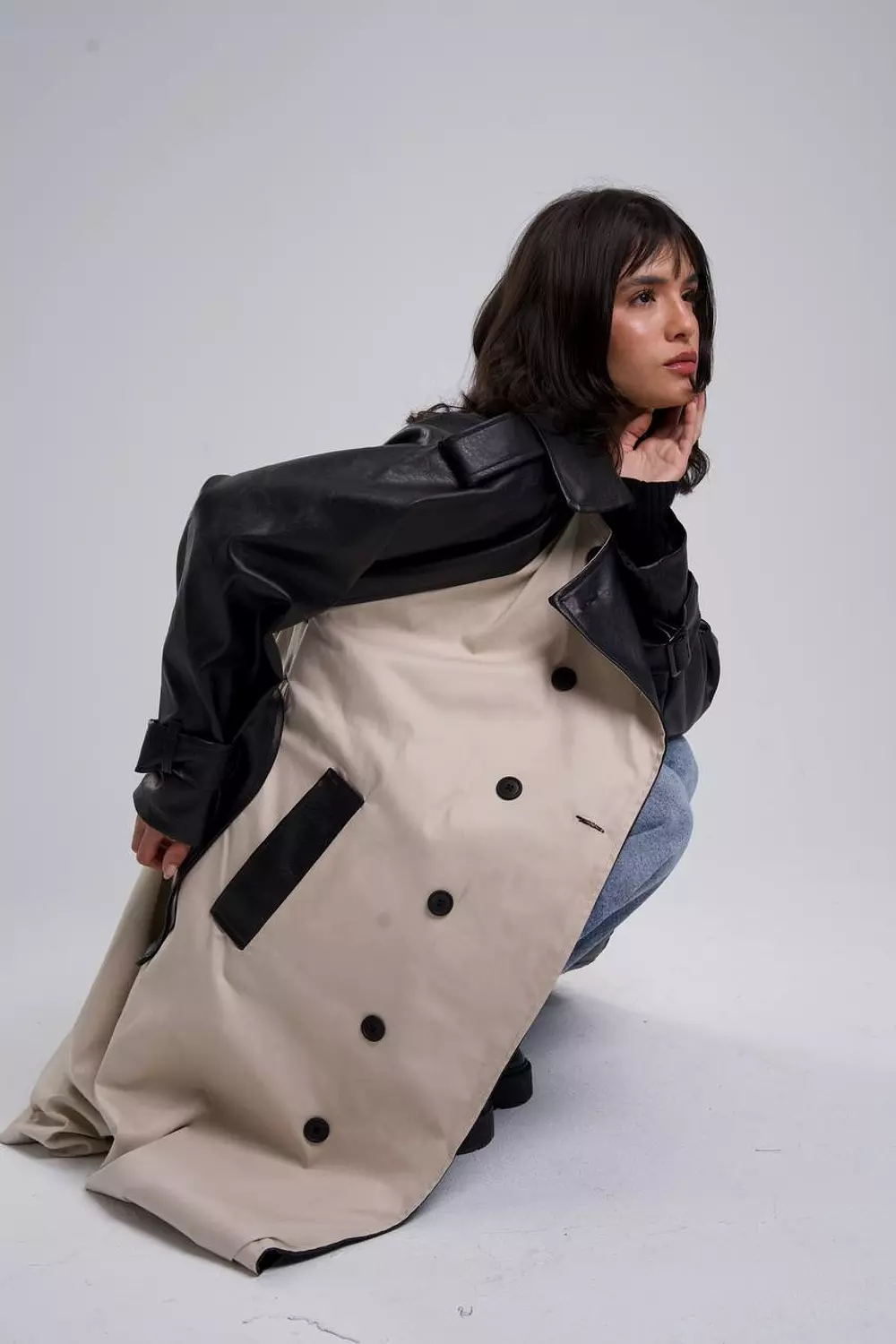 Leather*Gabardine Trench coat  1