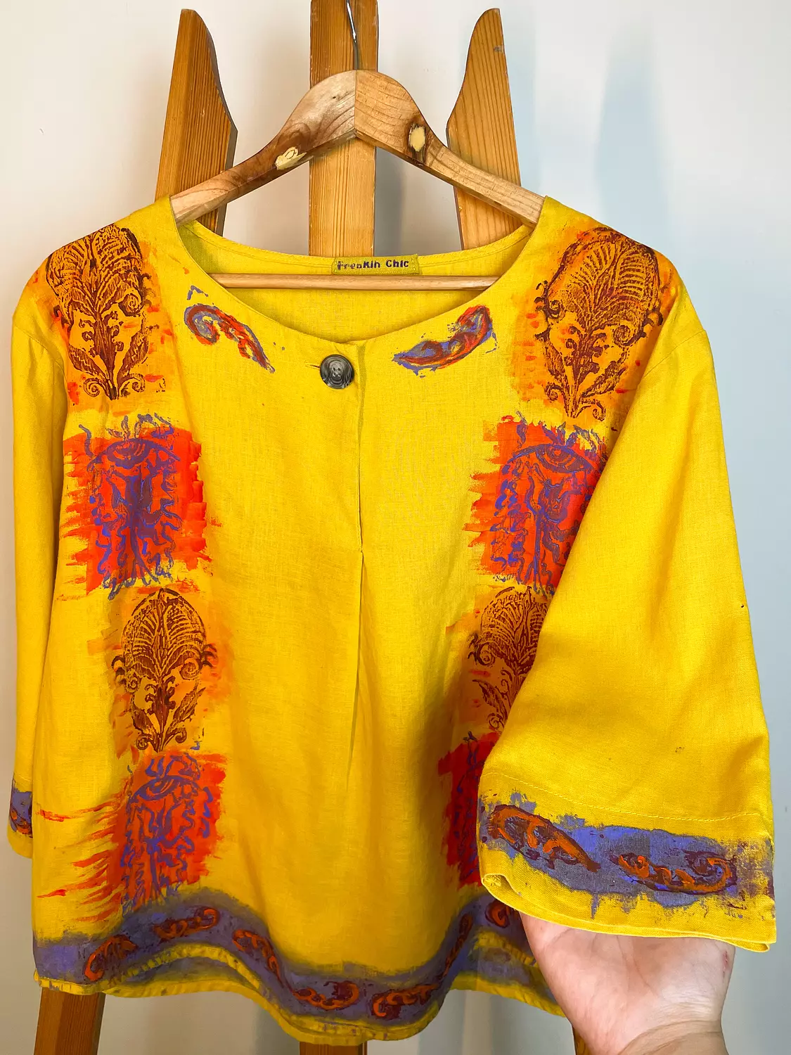 Hand -printed yellow linen top  3