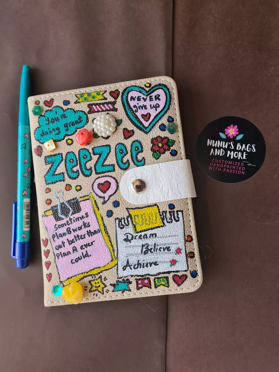Handpainted leather cover notebook with attached cute accessories  4
