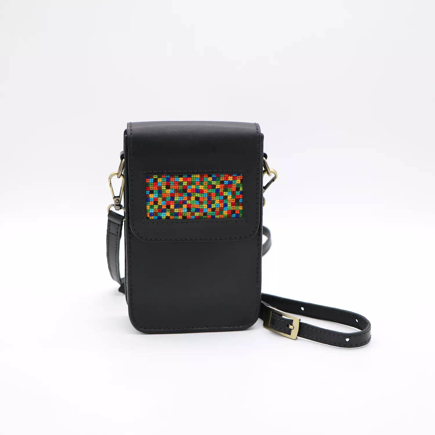 Black genuine leather bag with colorful cross stitching image