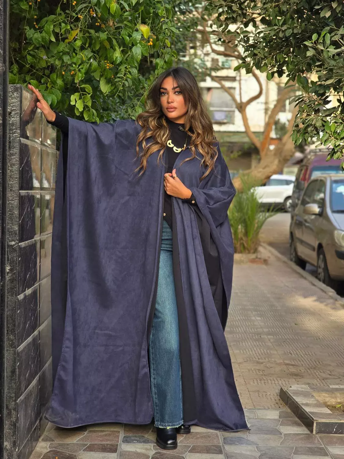 Navy Blue Moroccan style suede kaftan hover image