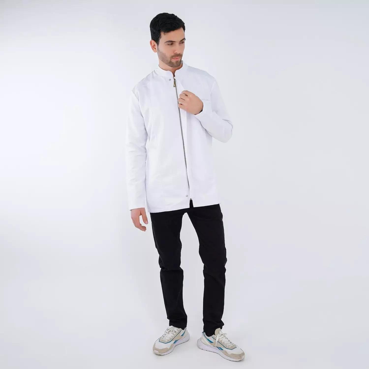 White Half Collar Lab Coat with Zipper 1