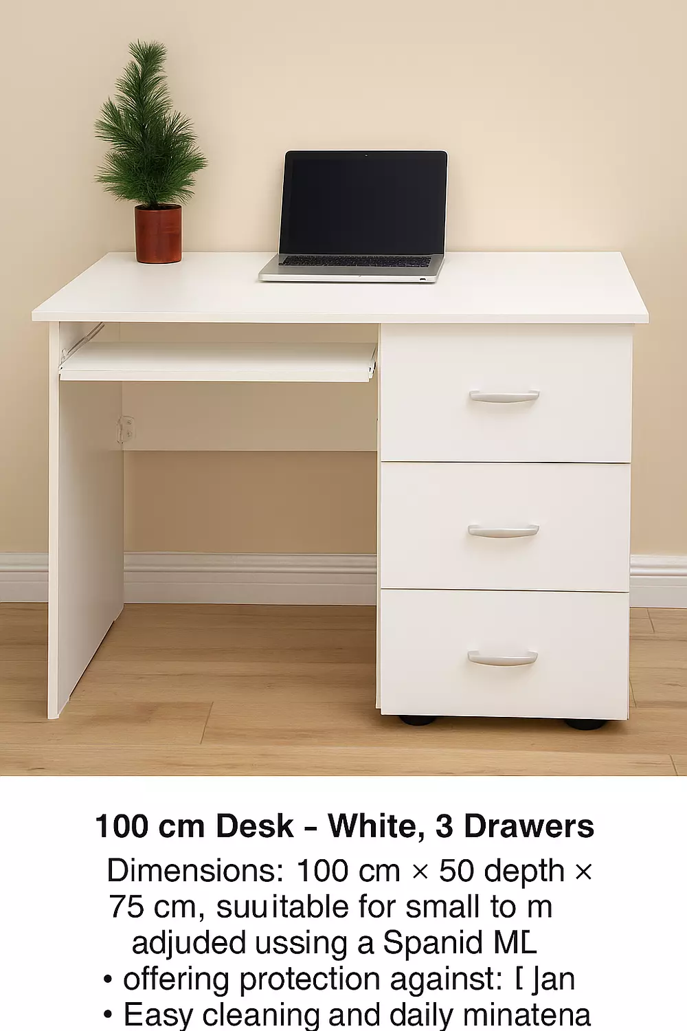 Office 100 cm white computer 3 drawers