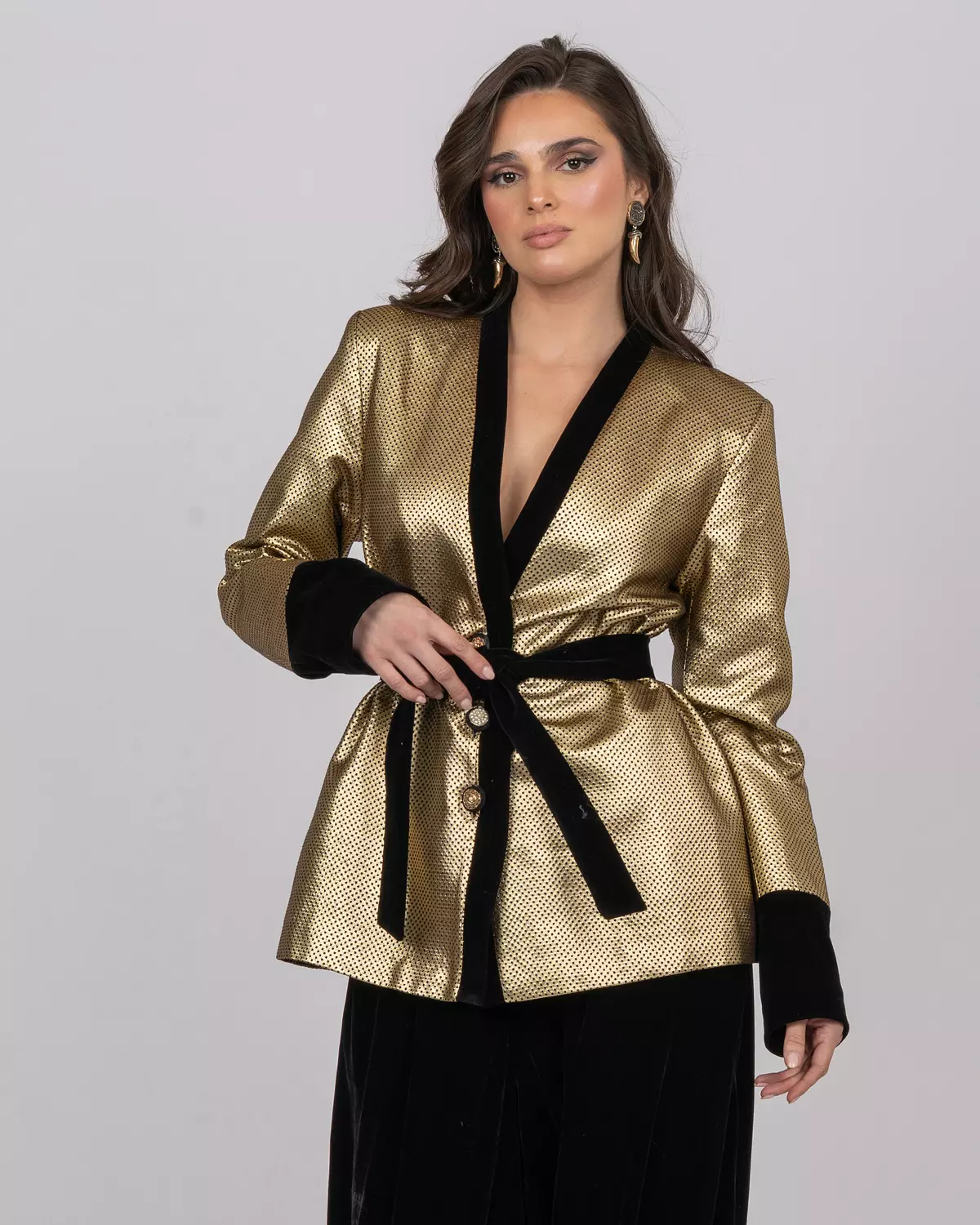 Gold Dotted Brocade Blazer Jacket with Velvet Accents image