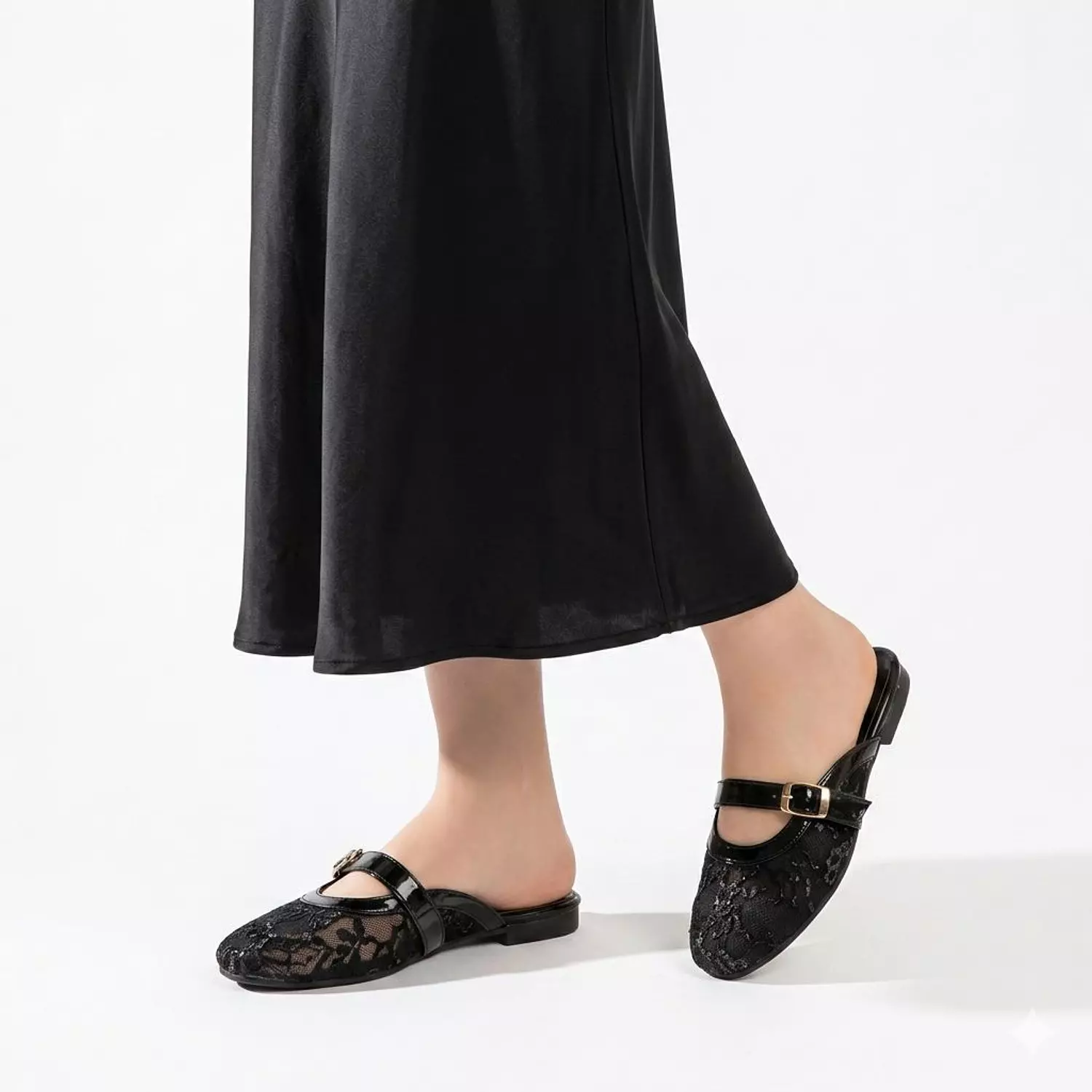 Comfortable flat lace slides for women image