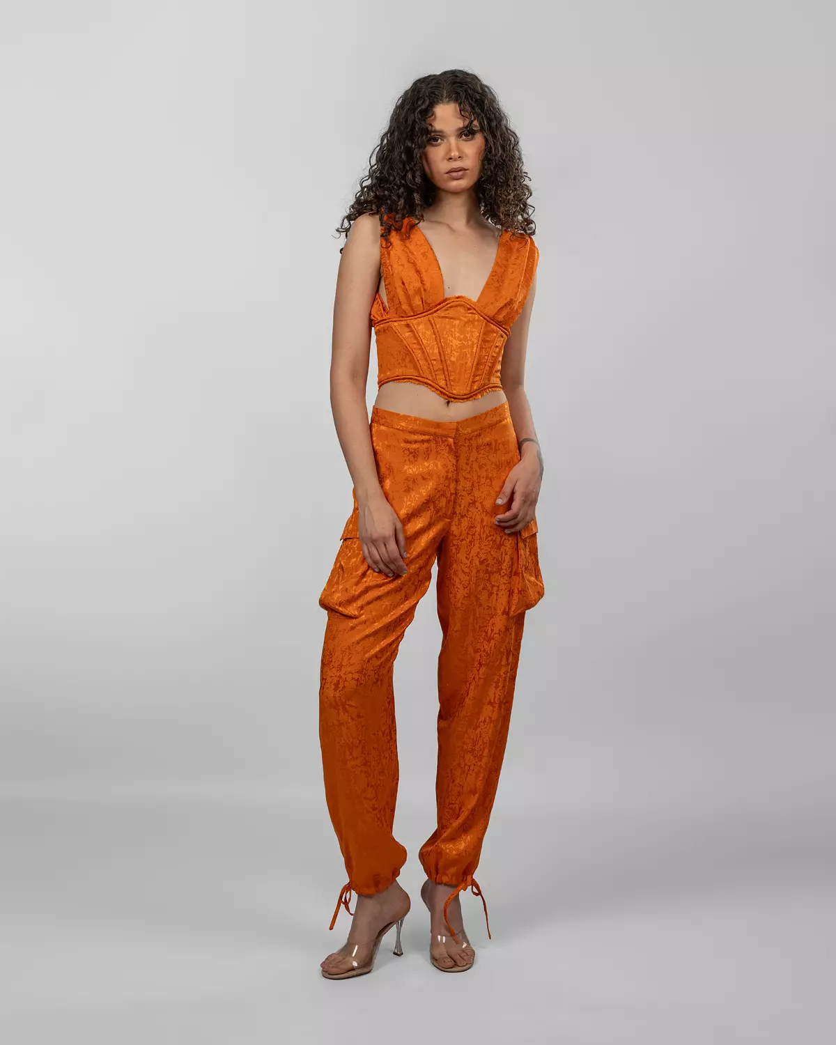 Jacquard Silk Satin Corset - Orange 3