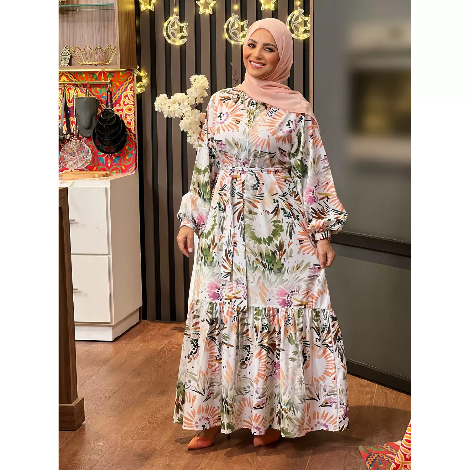 Soft Printed Dress With Long Sleeves - Olive &  Orange  hover image