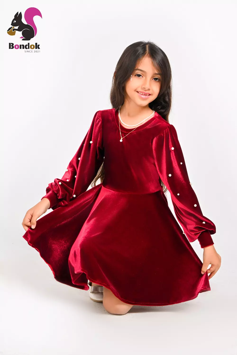 Loly Girls Velvet Dress with Pearl Details, (Red, Navy Blue, Emerald Green, Deep Fuchsia and Black) 16
