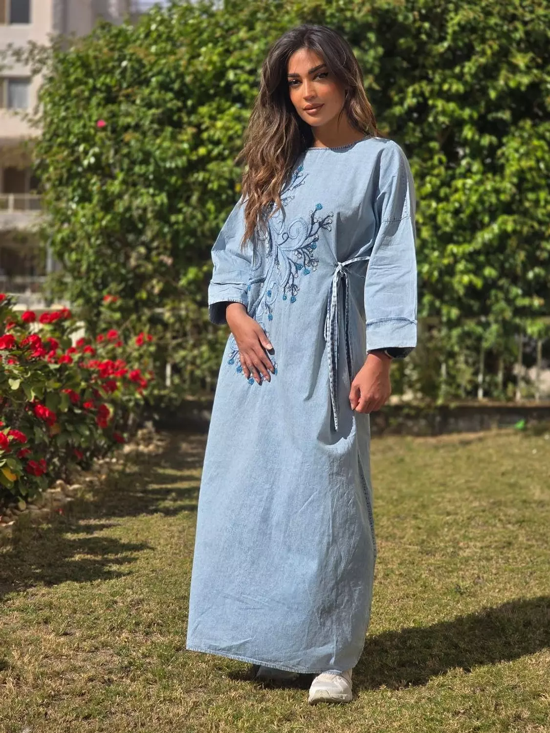 Light blue floral sequin embroidered denim dress with side tie  3