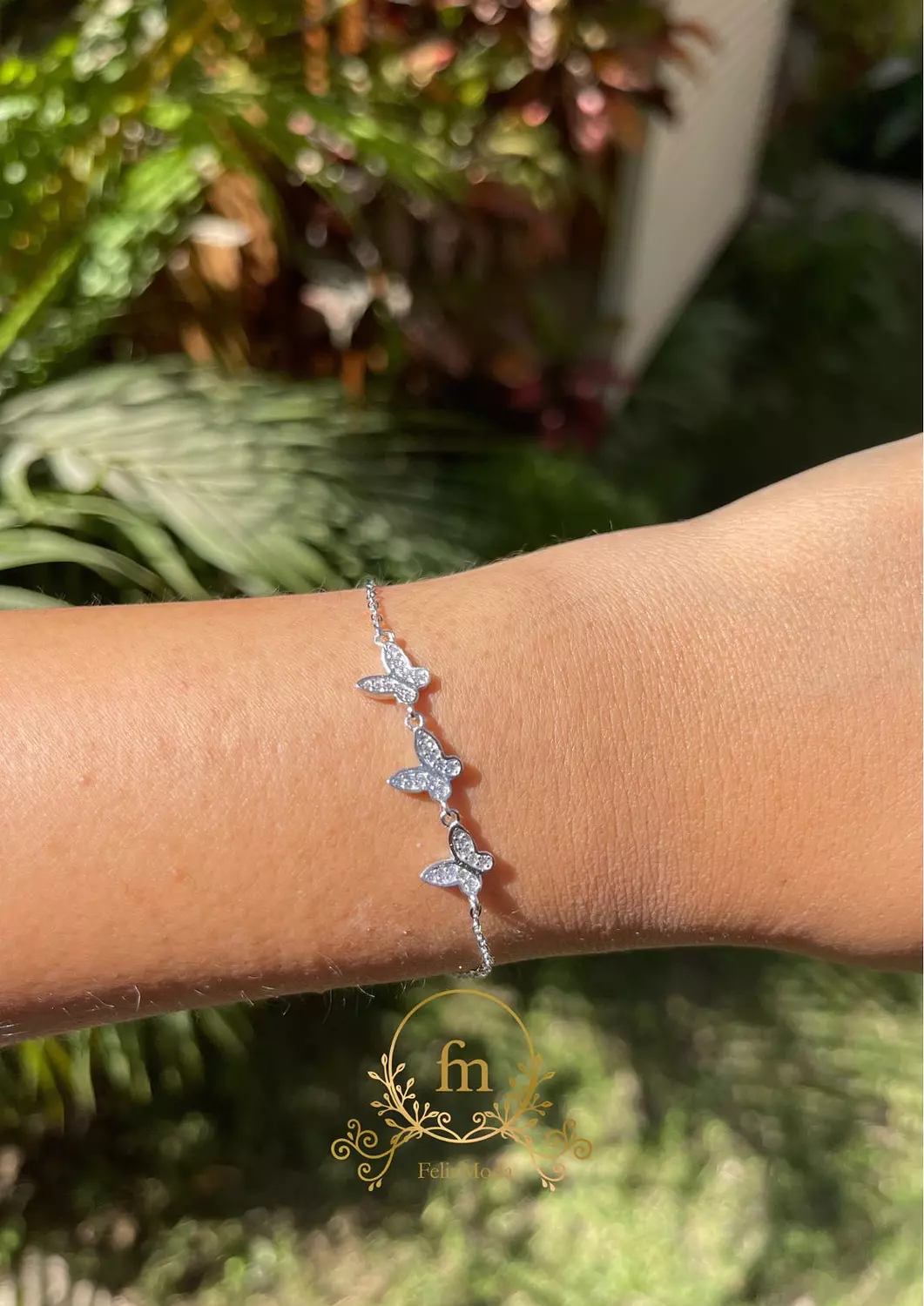 Three butterflies silver bracelet with zircon stones  image