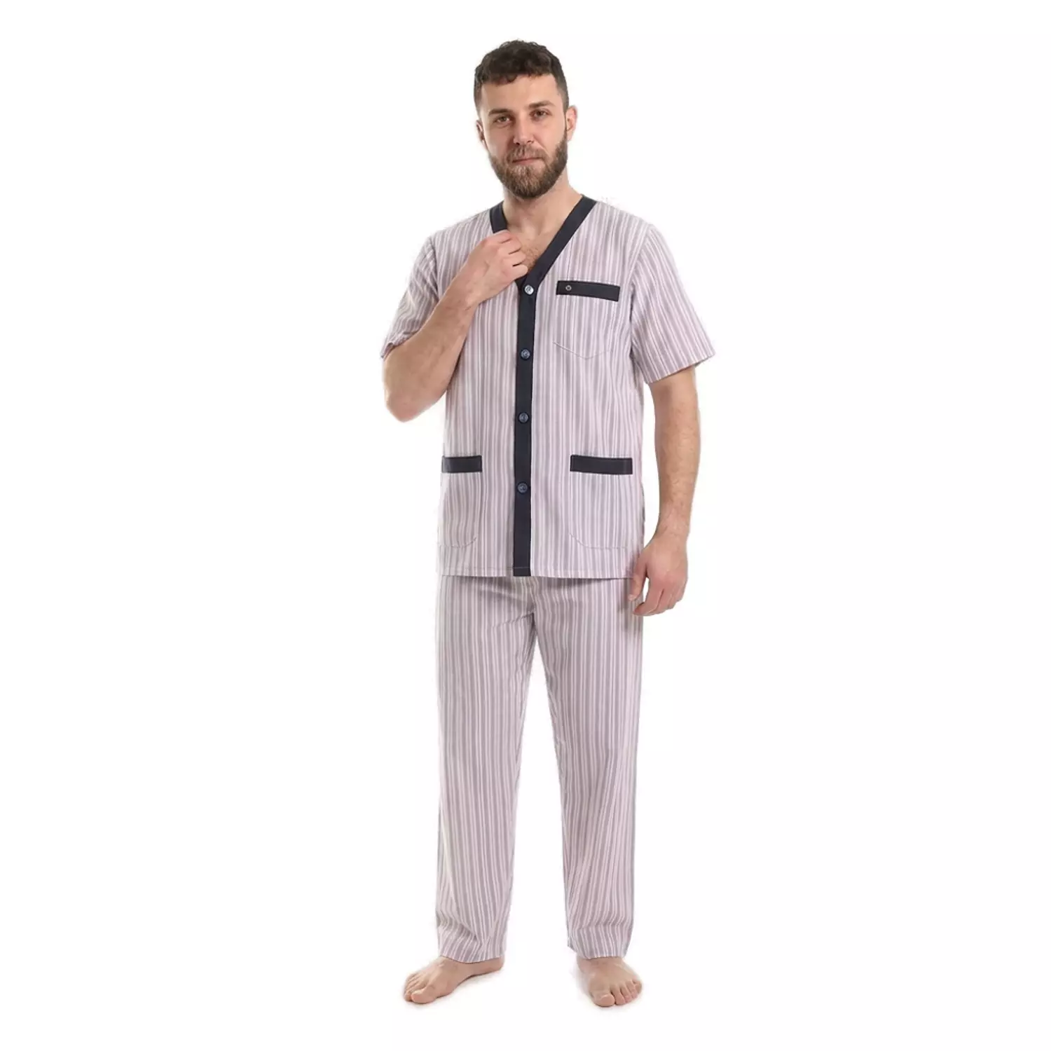 Shorto Men Classic Pajama Set - 2290 - Striped Dark Blue*Red Lines