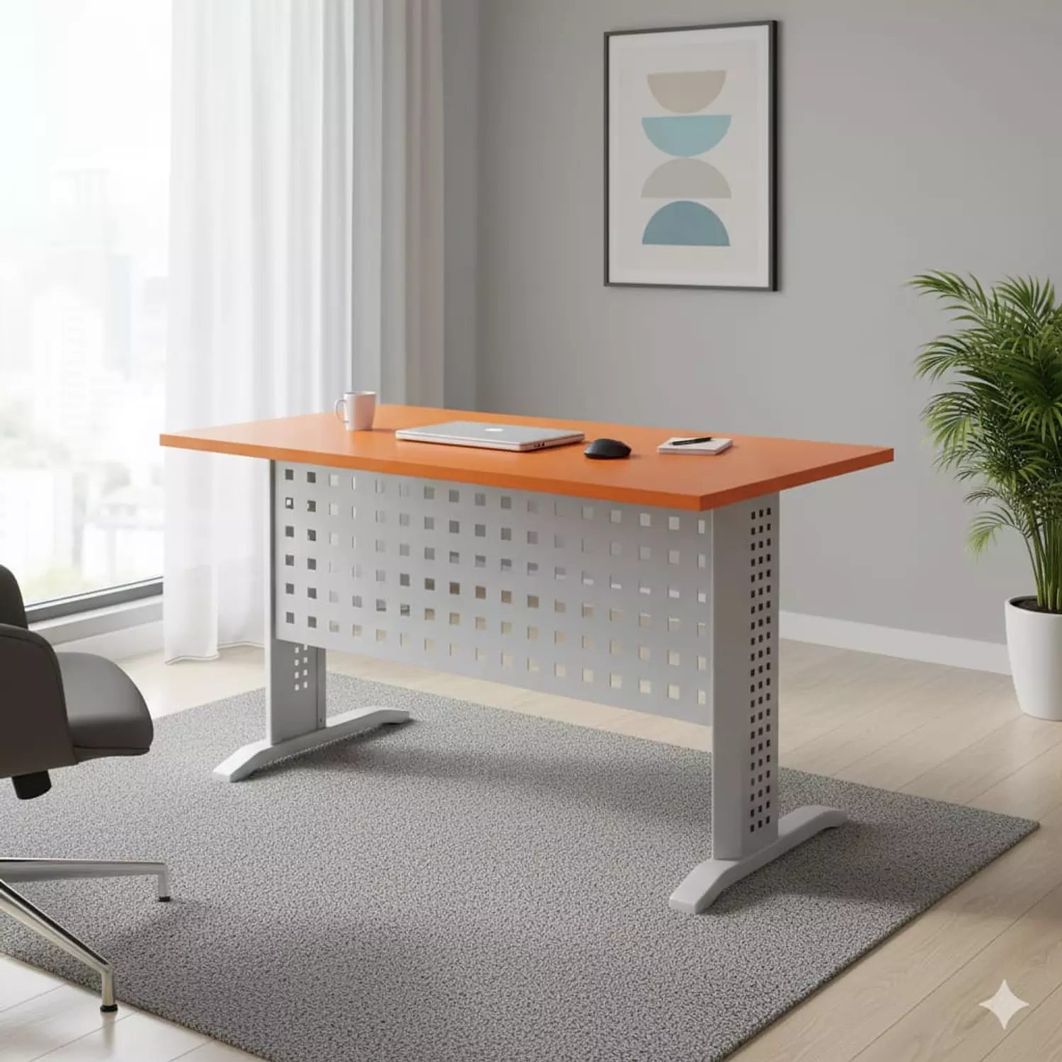 100 cm Office Desk Frame – Silver with Double Metal Front & Cherry Wood Desktop image