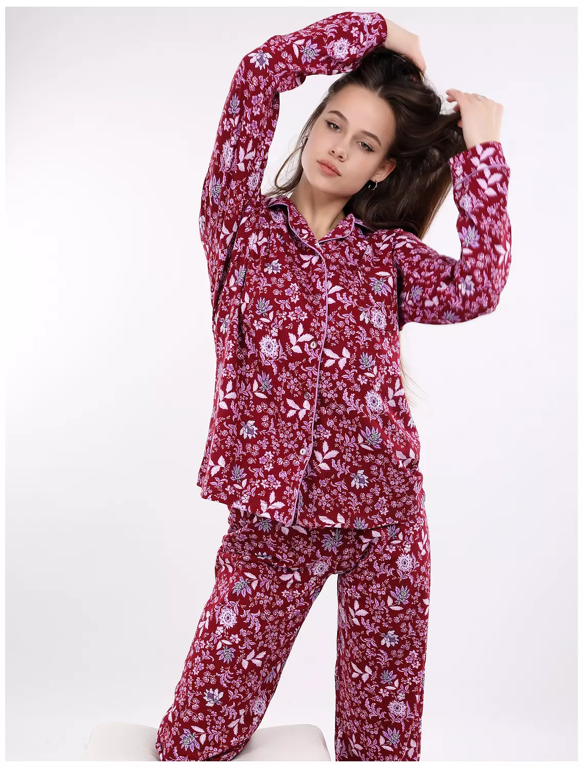 S613 Midnight Bloom Floral Buttoned Long Sleeved Pajama Set 1