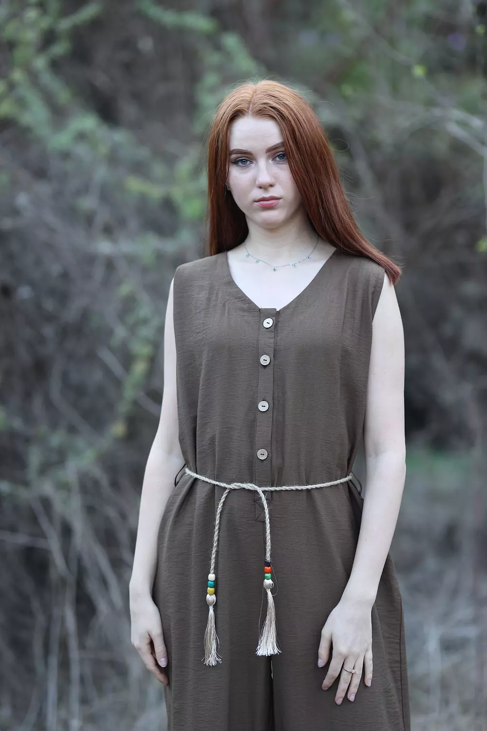 Wide Leg Linen Jumpsuit - Dark Brown image