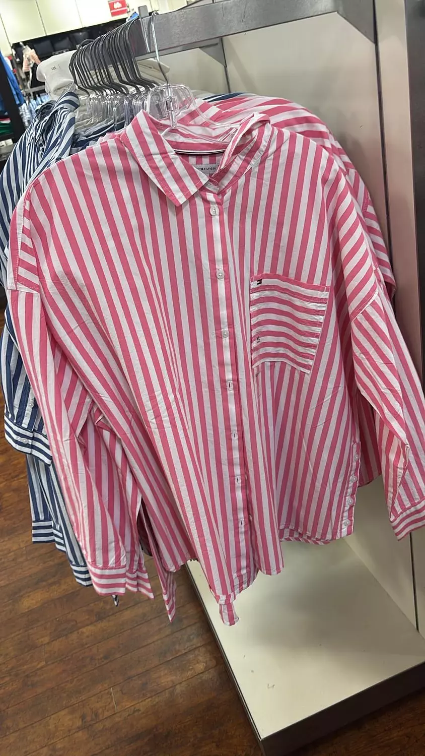 :  ⸻  Tommy Hilfiger Women’s Striped Oversized Shirt – Pink/White image