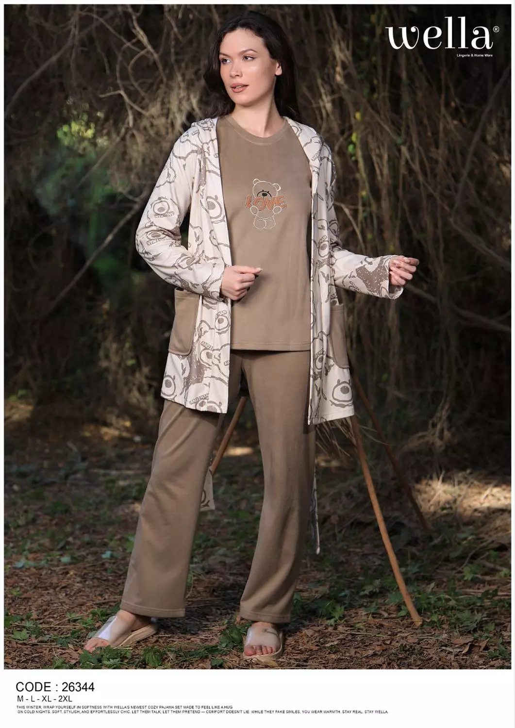 Beige Teddy Bear Pajama Set – 3 Pieces image