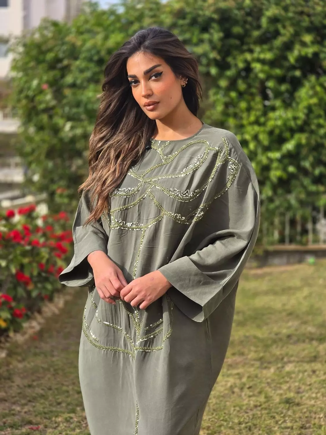 Olive floral embroidered dress hover image