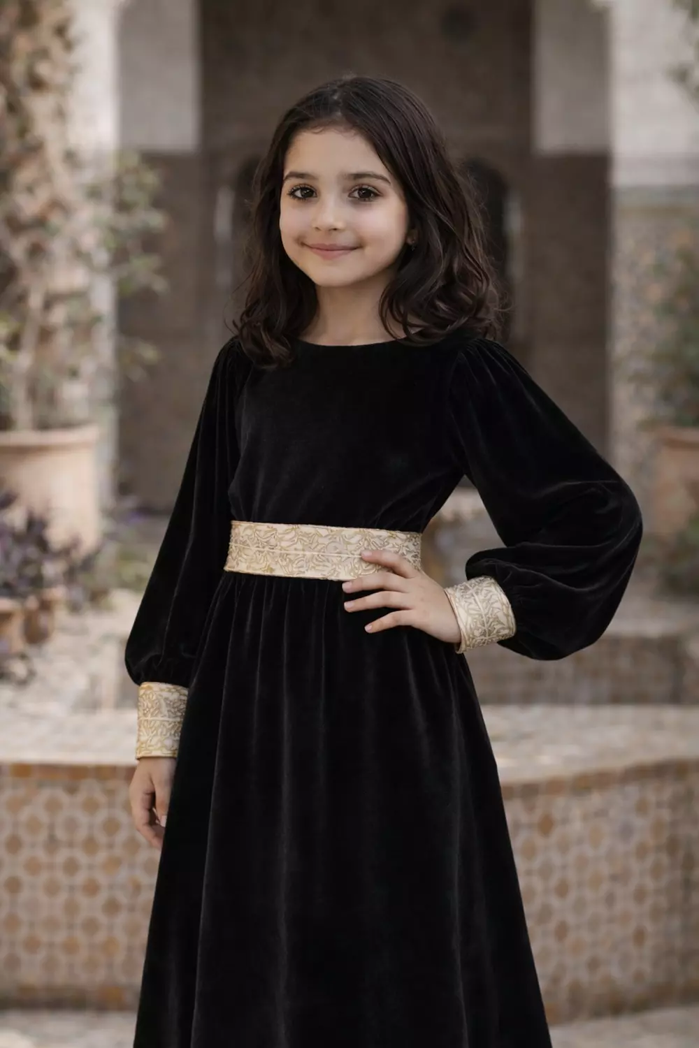 Girls Velvet Islamic Long Sleeve Dress with Separate Gold Belt, Maxi Dress, Available in Navy Blue, Black, and Red, Ages 3-14 Years 4
