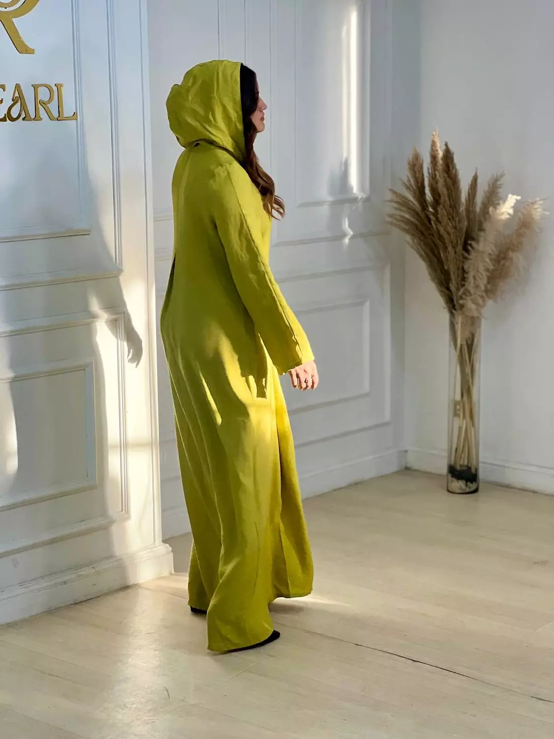 Buttoned Linen Kaftan Dress - Yellow hover image