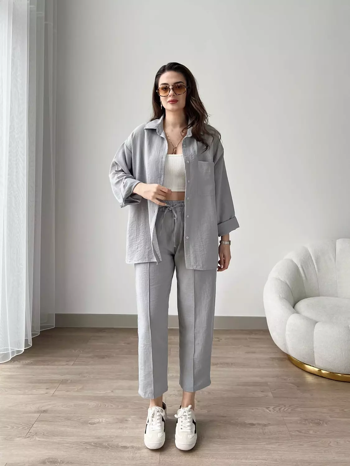 Short Leg Relax Fit Shirt Trouser Set - gray 3