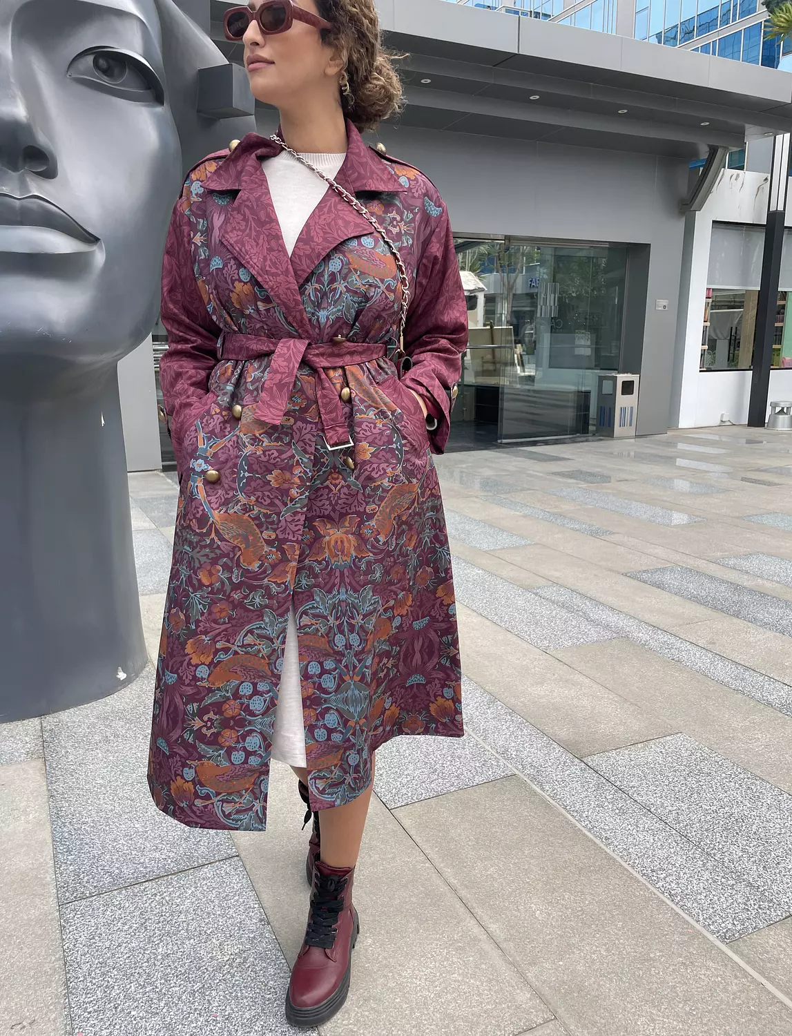 Burgundy Bird Trench Coat 11