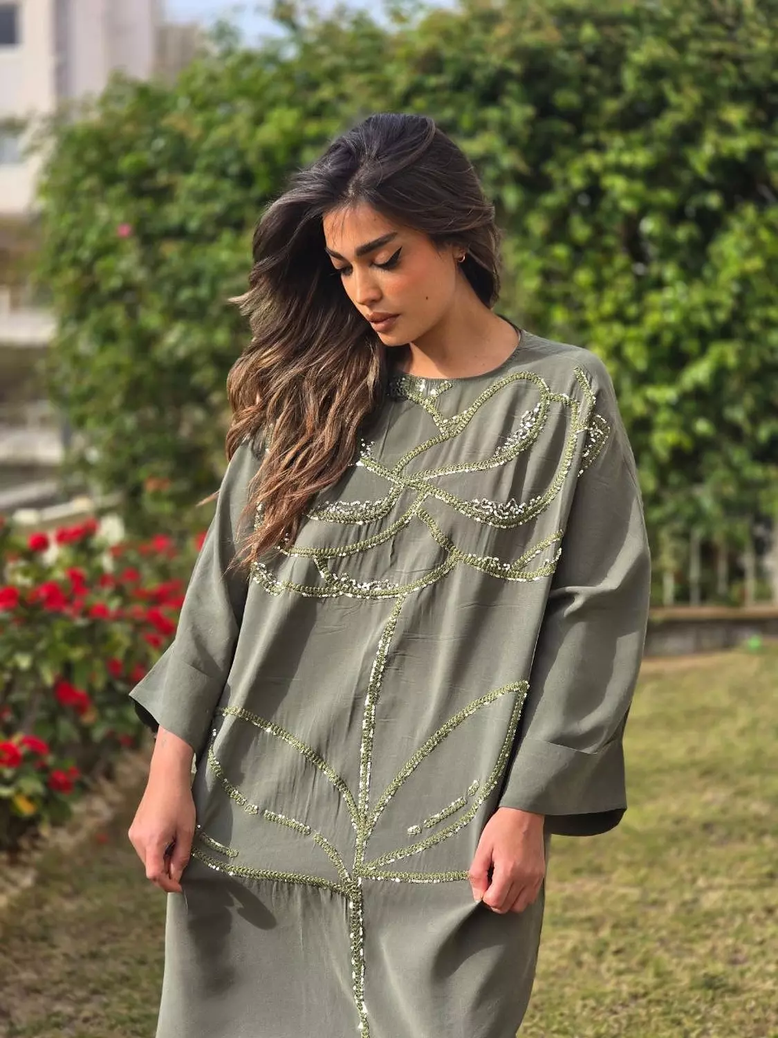Olive floral embroidered dress 3