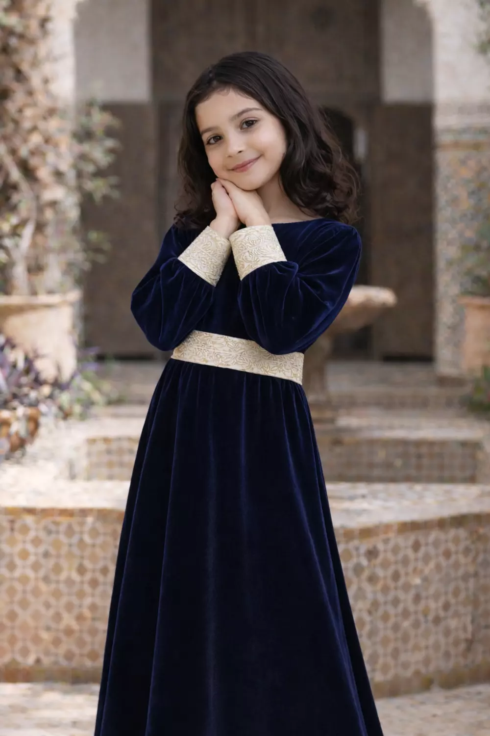 Girls Velvet Islamic Long Sleeve Dress with Separate Gold Belt, Maxi Dress, Available in Navy Blue, Black, and Red, Ages 3-14 Years 2