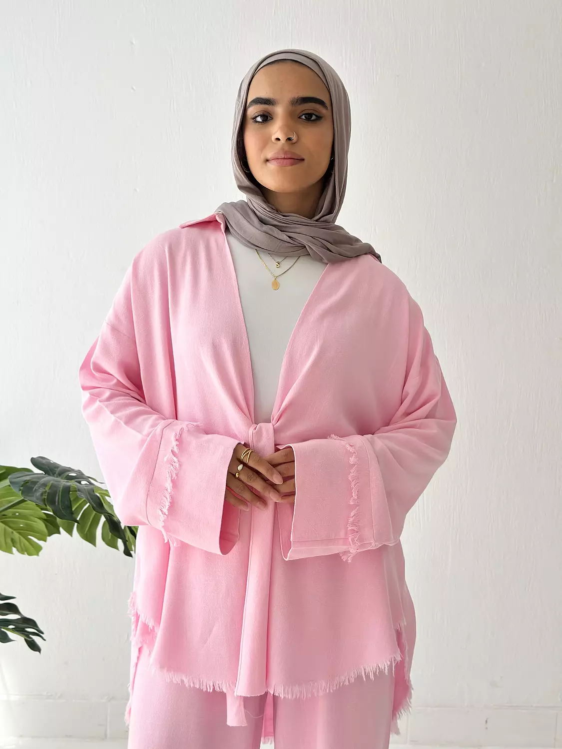 Front Knot Linen Set In Pink 3