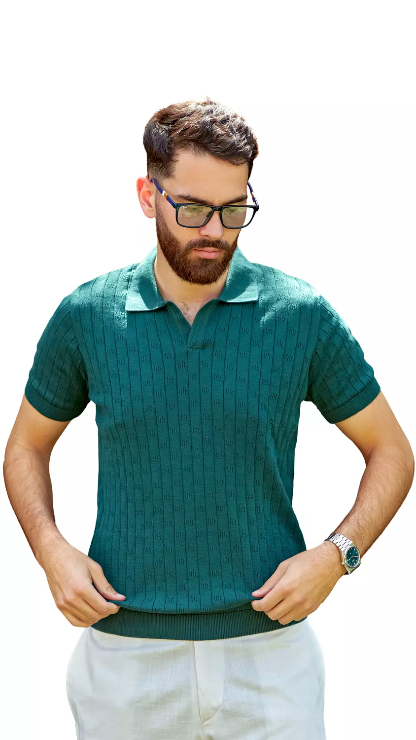 Men’s Forest Green Textured Knit Polo 1