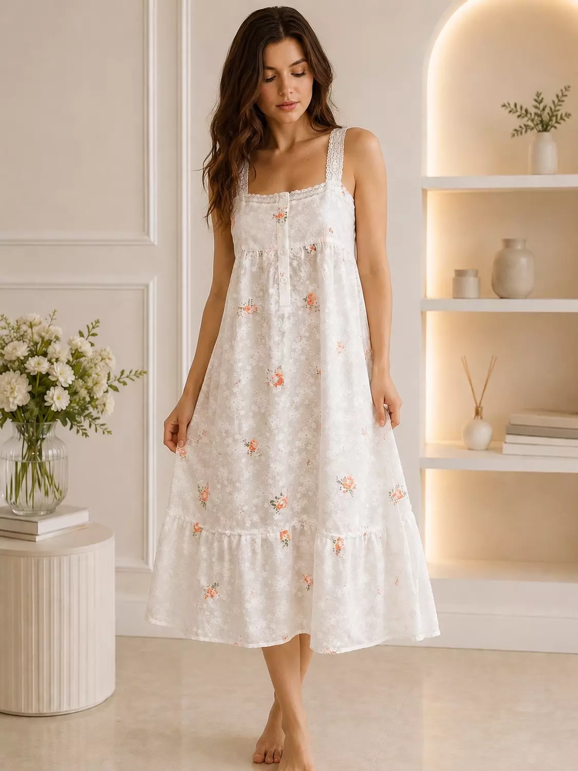 Coral Daisy Embroidered Cotton Dress 1