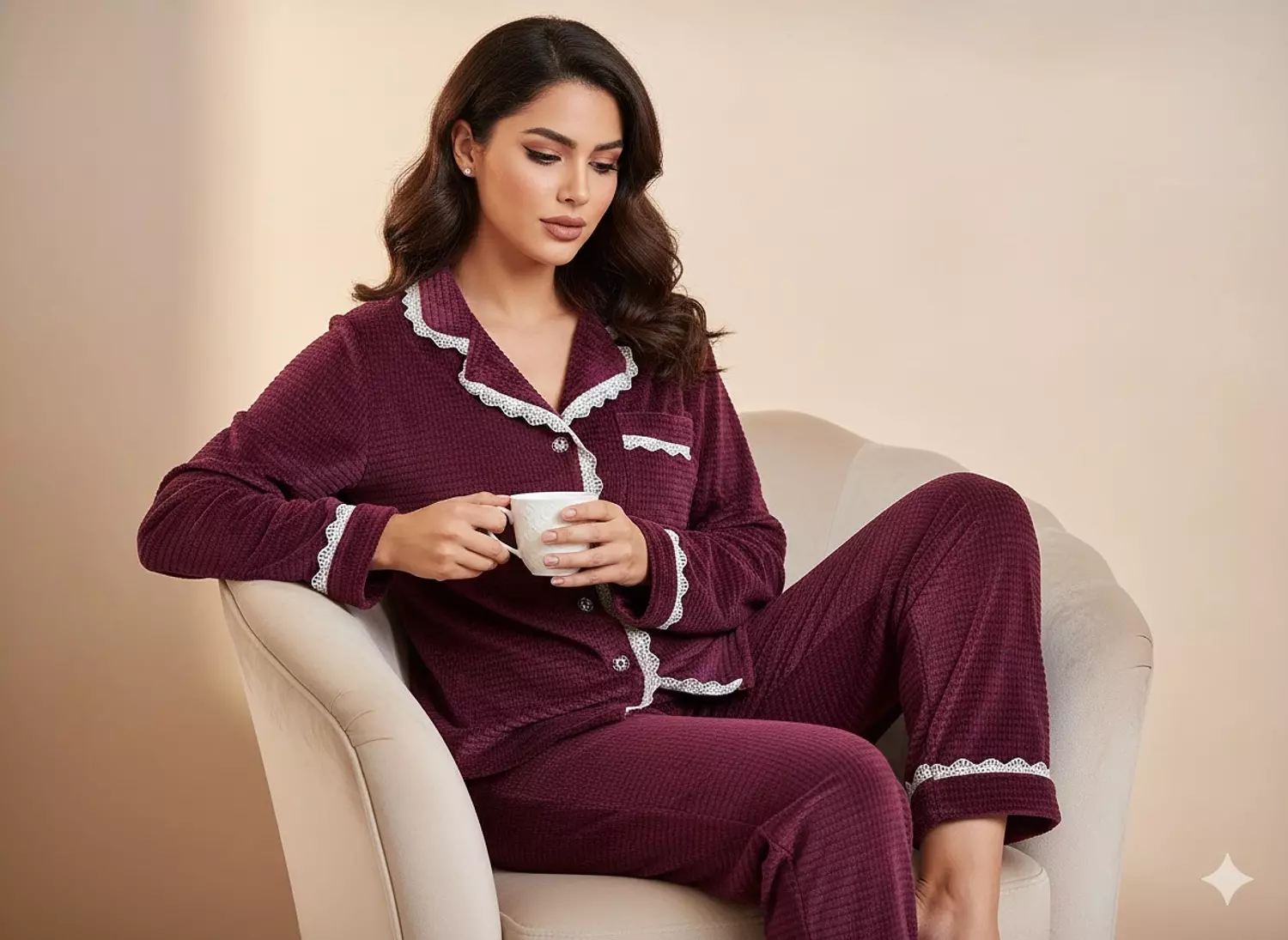 Velvet Burgundy Waffle Jacquard Pajamas 3