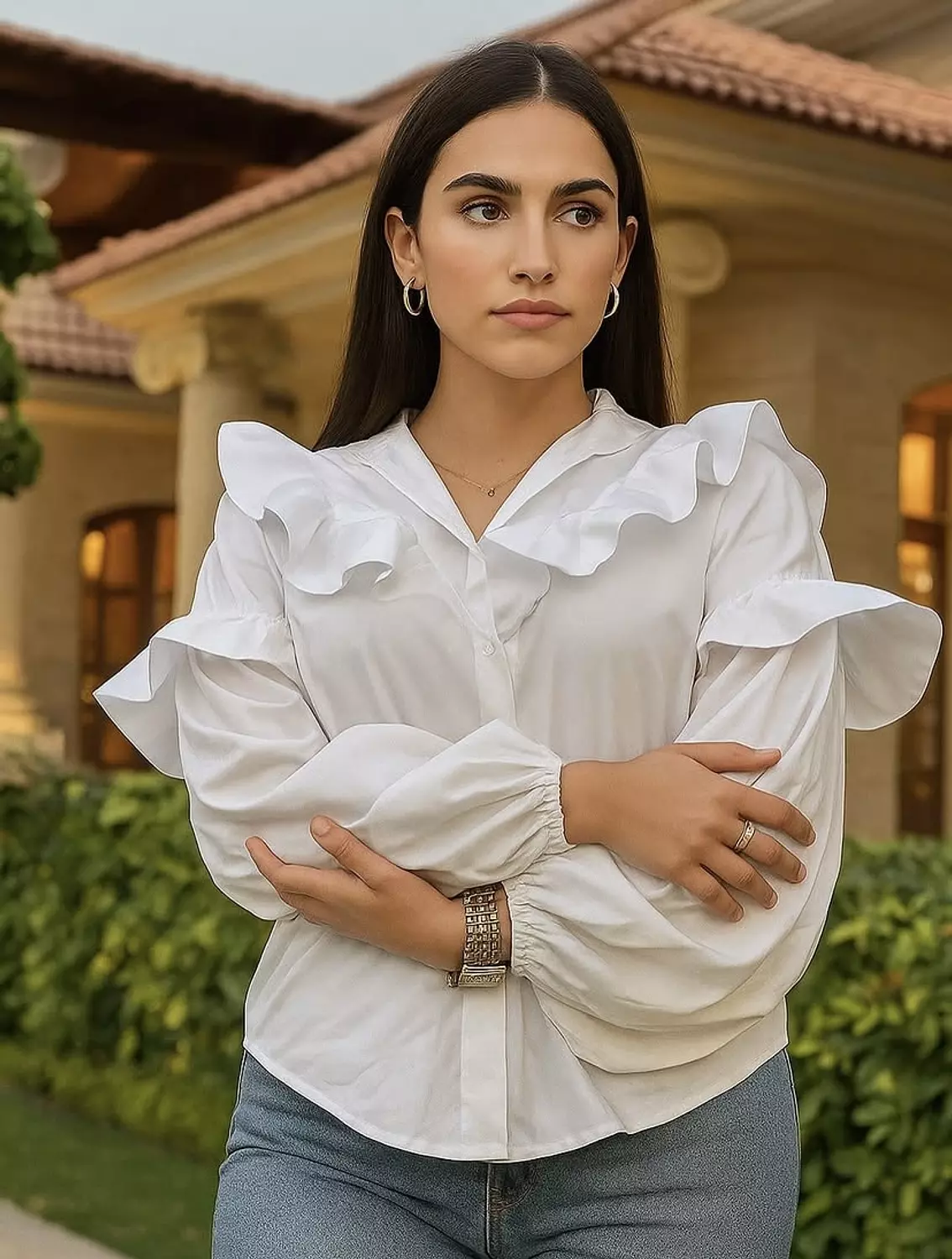 White Ruffle Detailed Button-Up Blouse  image