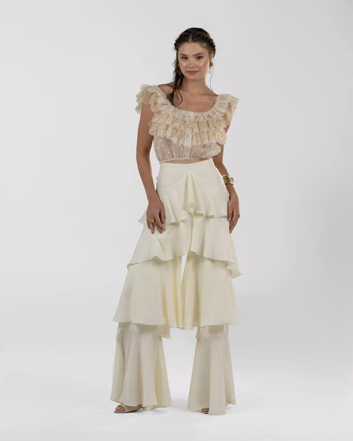 Chic Off-White Silk Ruffled Wide-Leg Pants 2