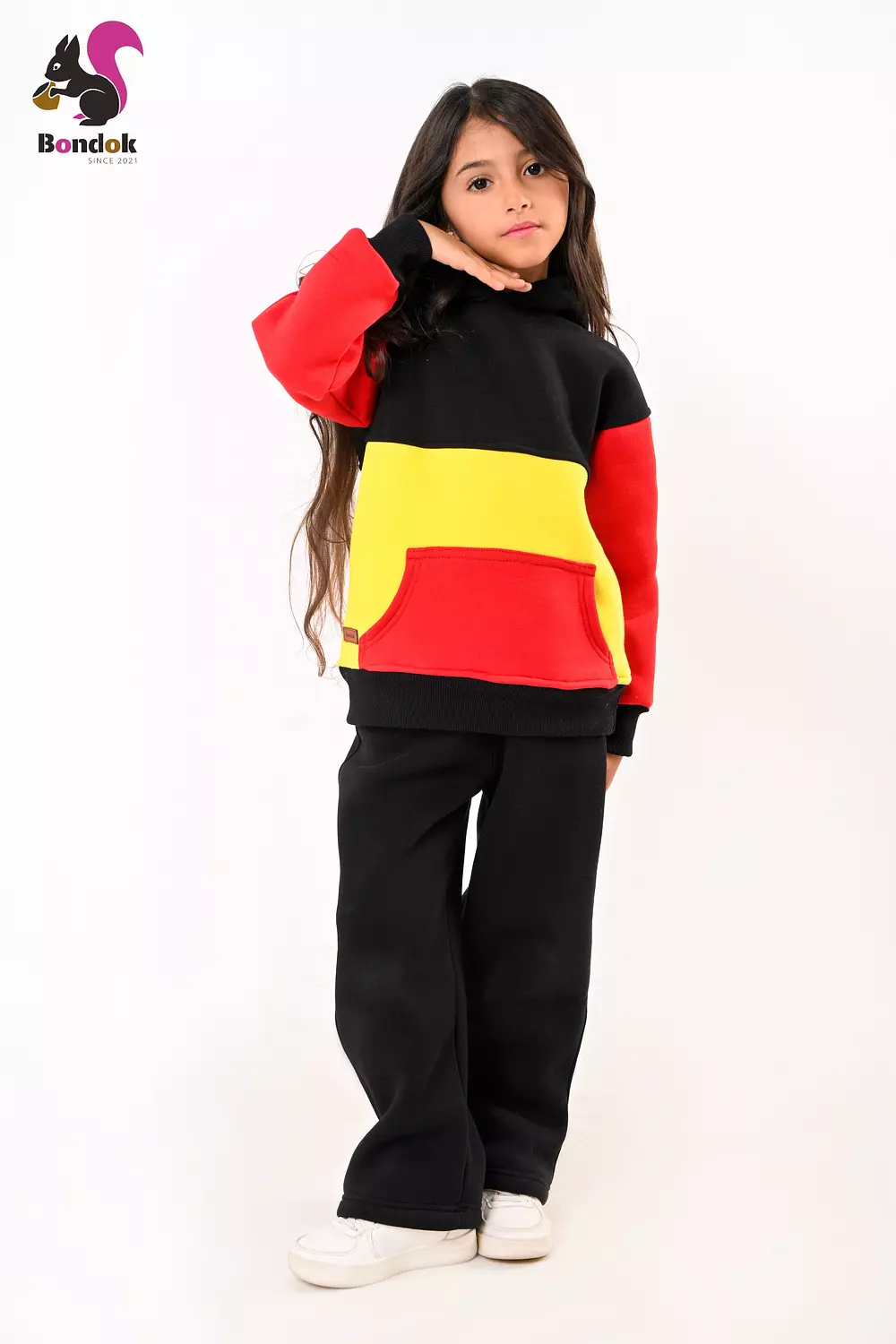 BONDOK Kids Color-Block Hoodie Tracksuit Set – Warm meltone Top & Jogger Pants, Kangaroo Pocket, Soft Lining, Girls Winter Outfit (Ages 3–14) 3