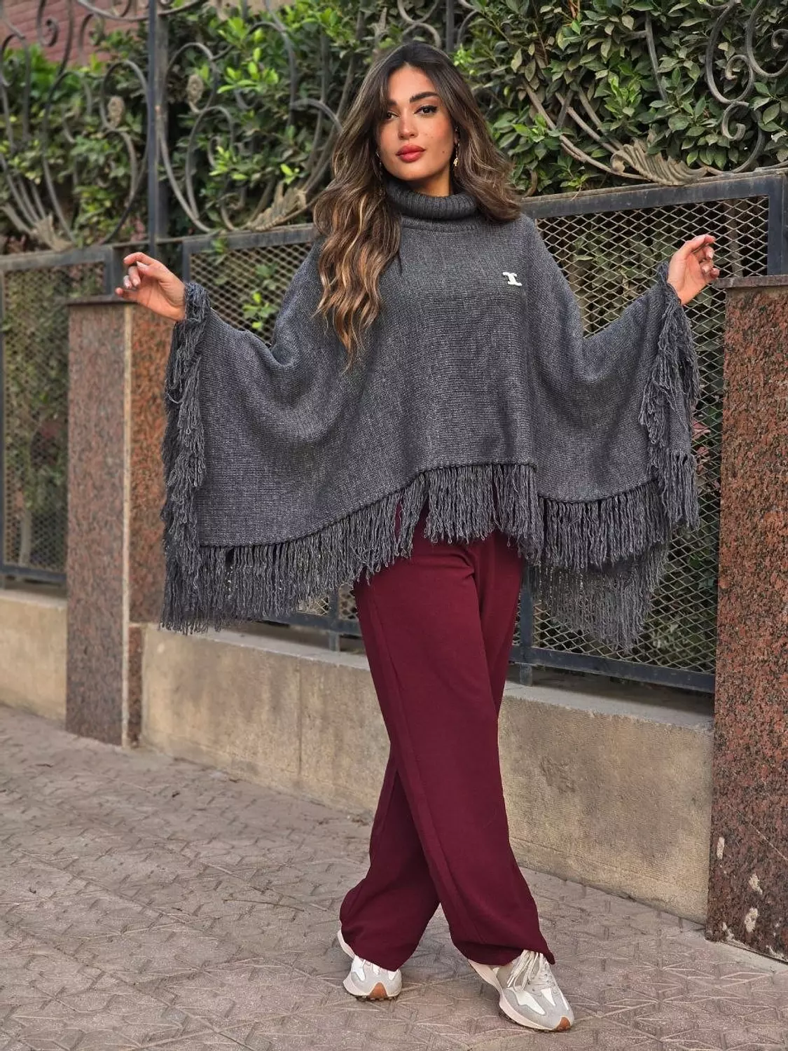 Grey Poncho High Neck With Fringes  2