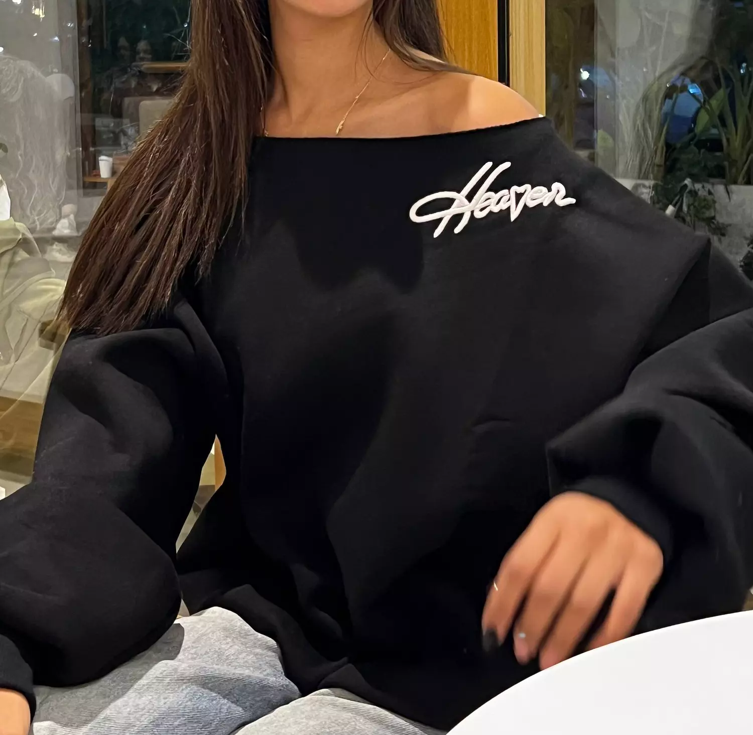 hoodie off shoulder embroidery  1