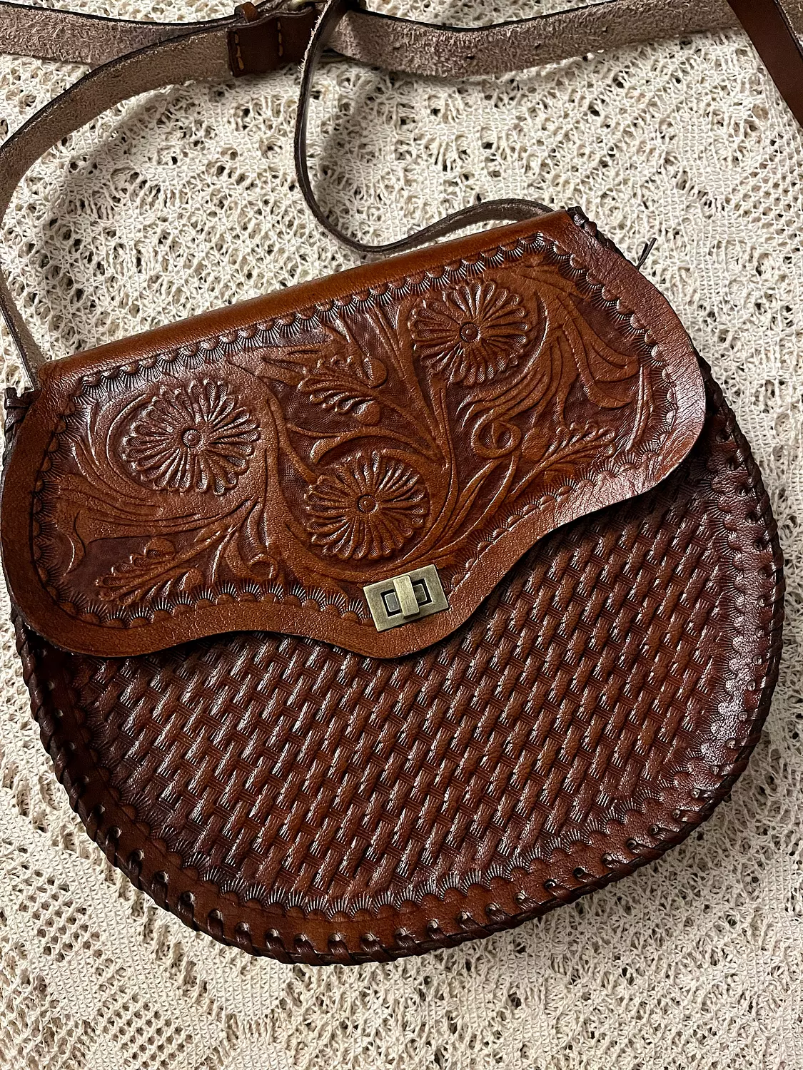 Floral round basket bloom tooled leather bag 7