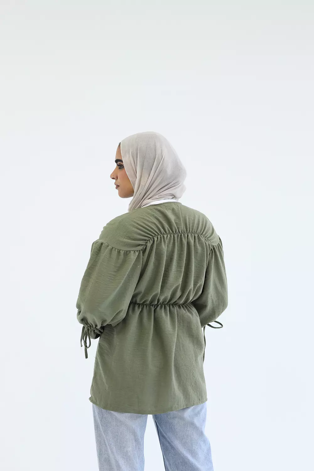 Olive open long blouse with ties-2nd-img