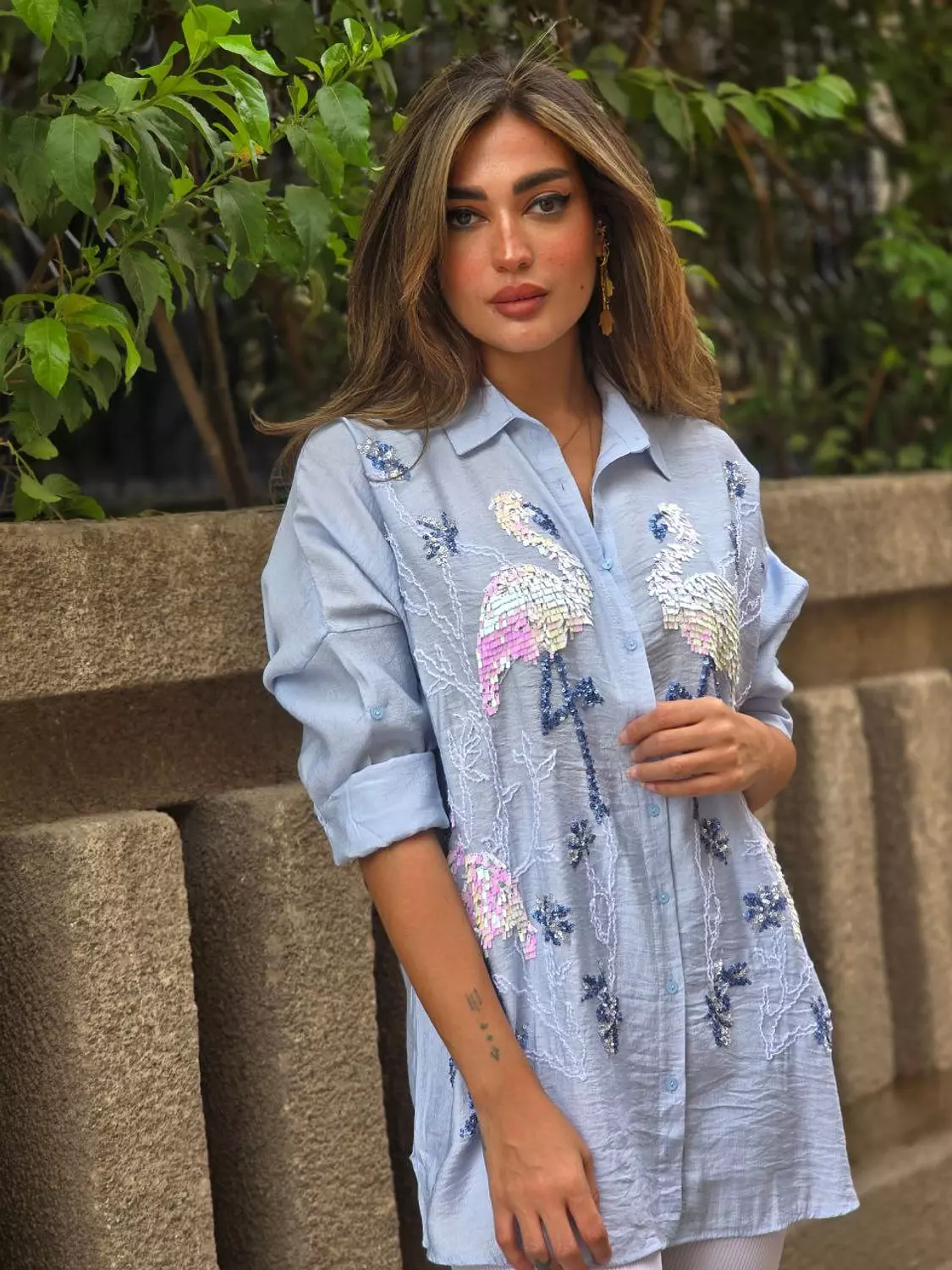 Baby Blue Embroidery Flamingo Shirt 3