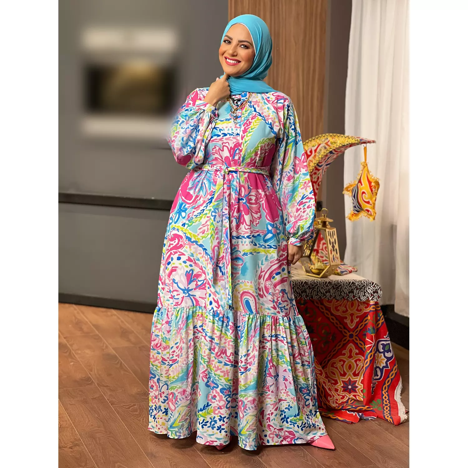 Soft Printed Dress With Long Sleeves - Pink &  Baby Blue  hover image