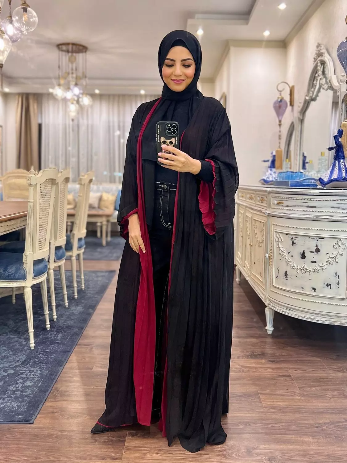Double-faced Pleated Open Abaya- Black & Maroon 1