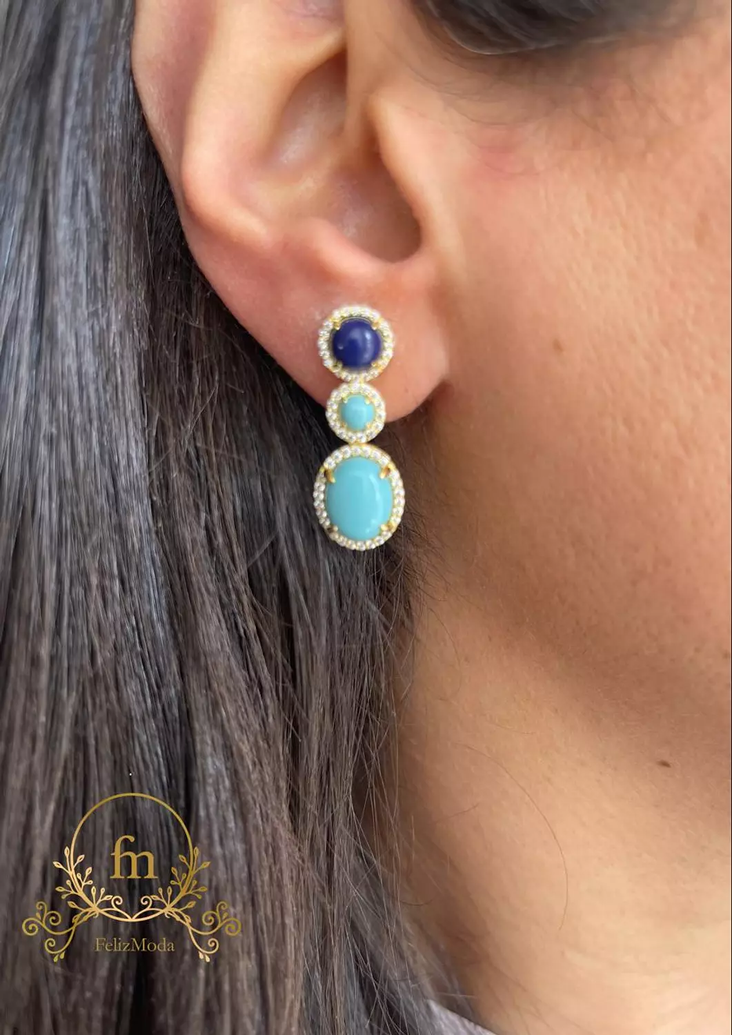 Three stones one blue and two turquoise silver earrings gold plated image