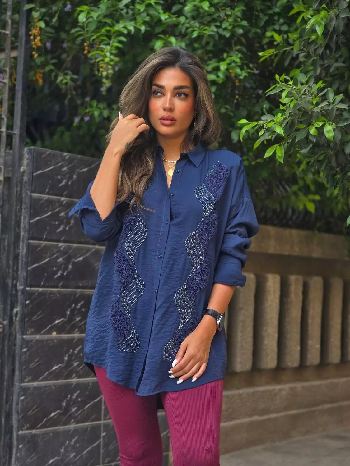 Navy blue embroidered linen shirt 2