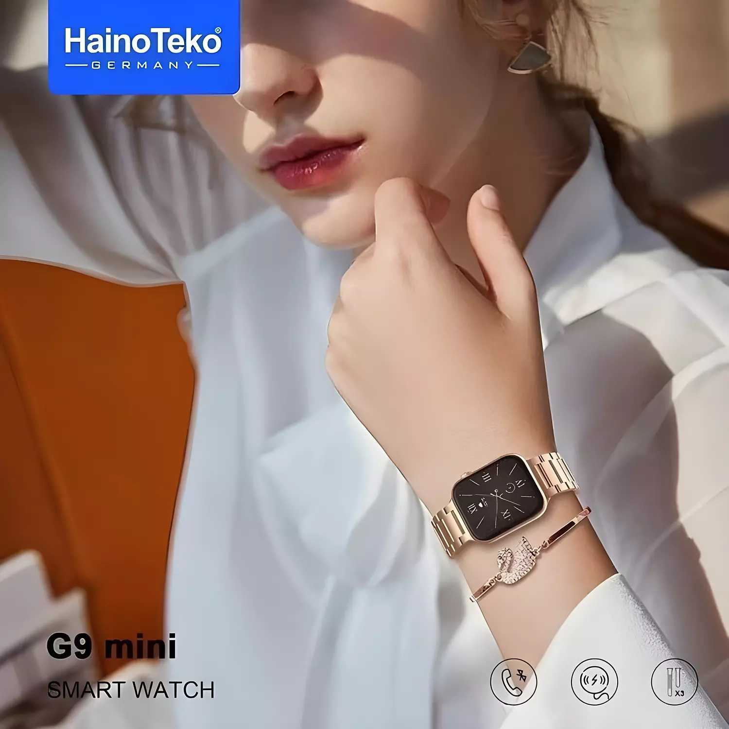 HainoTeko G9 Mini Smart watch with Wireless Charging, Supports Sports Modes and Medical Measurements - 3 Straps and Gold Bracelets 3
